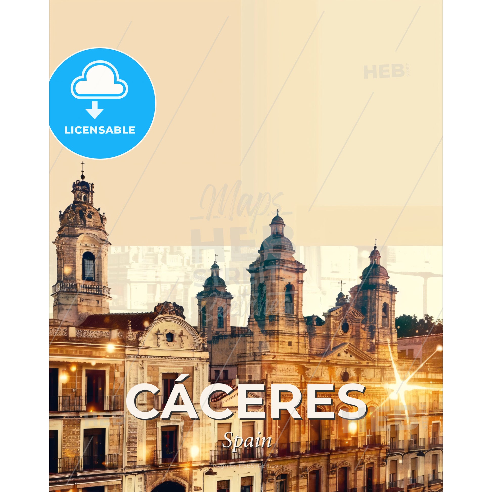 Caceres Skyline Double Exposure Poster Art - A group of buildings with towers - Square format print template