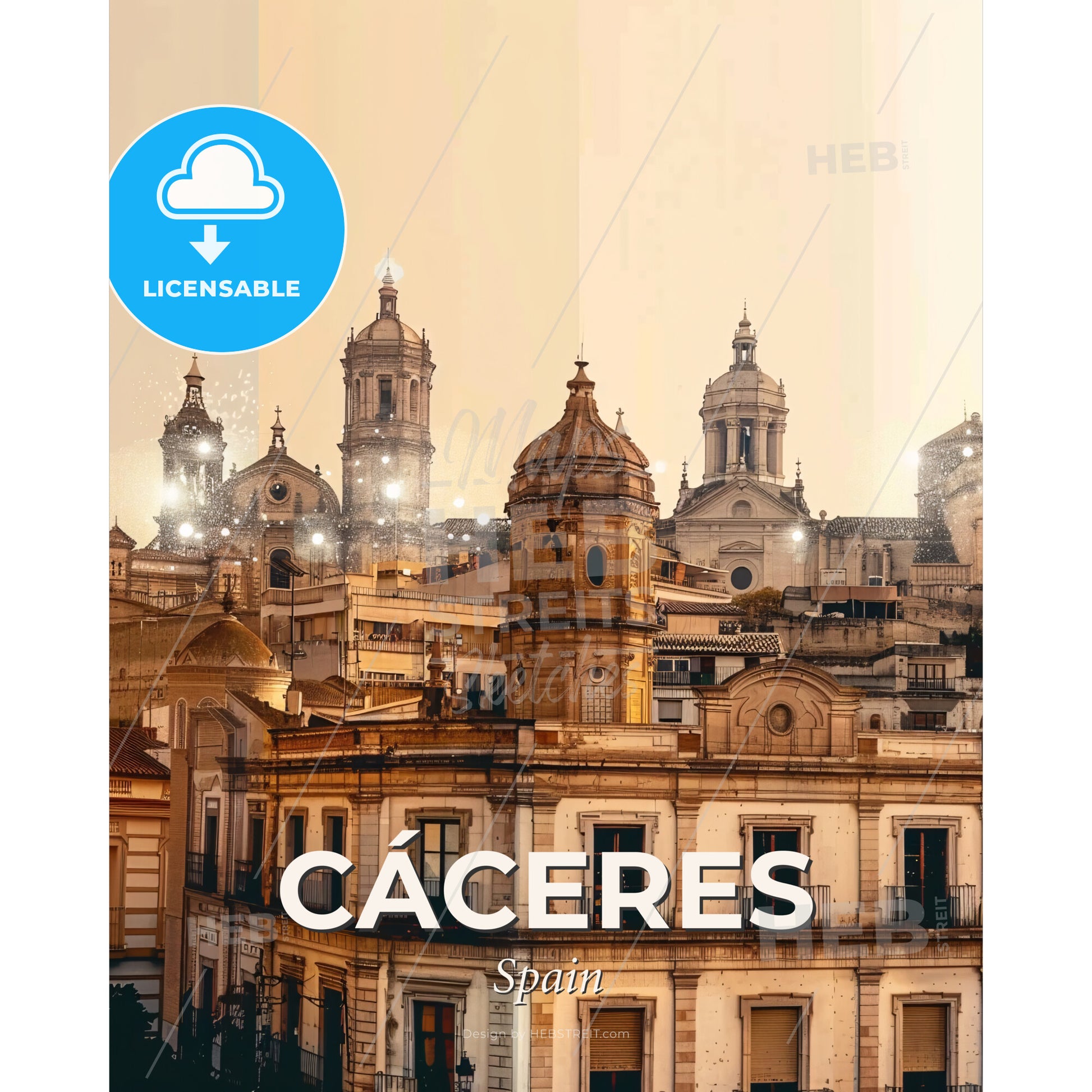 Cáceres Double Exposure Art Skyline Poster - A city with many buildings - Square format print template