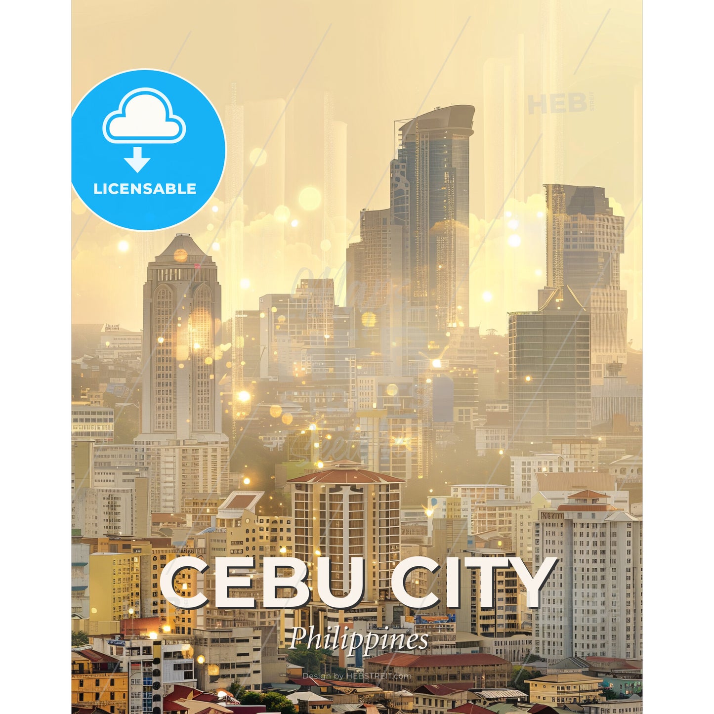 Cebu City Skyline Double Exposure Art Print - A city with many tall buildings - Square format print template