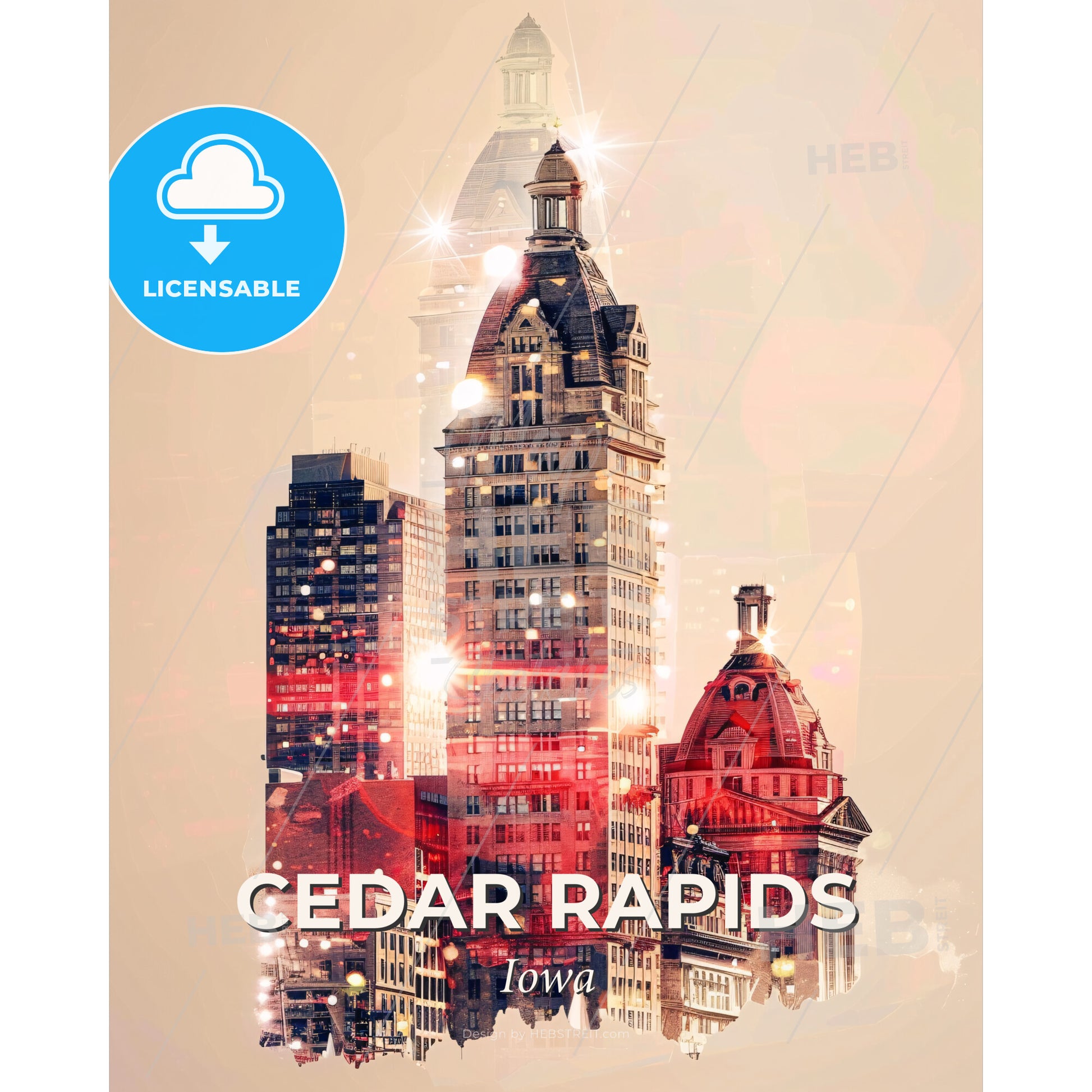 Cedar Rapids Skyline Double Exposure Art Poster - A group of buildings with a dome - Square format print template