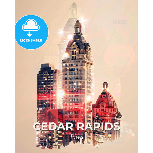 Cedar Rapids Skyline Double Exposure Art Poster - A group of buildings with a dome - Square format print template