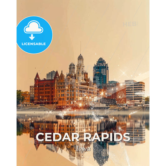 Cedar Rapids Cityscape Art: Iconic Skyline and Architecture - A city with many buildings and a body of water - Square format print template