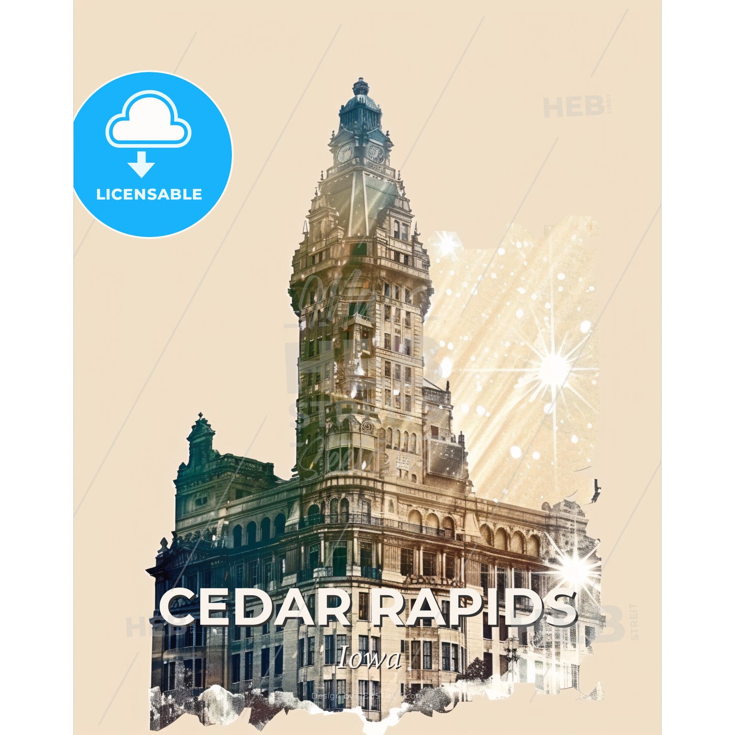 Cedar Rapids City Skyline Double Exposure Composite - A building with a tower - Square format print template