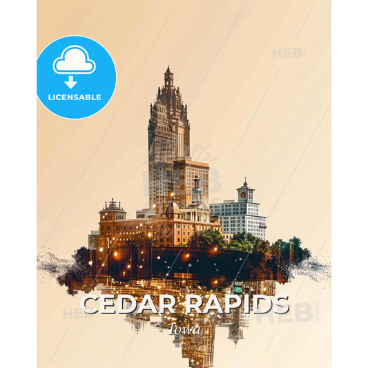 Cedar Rapids City Skyline Iconography Sparkle Poster - A city skyline with buildings and trees - Square format print template