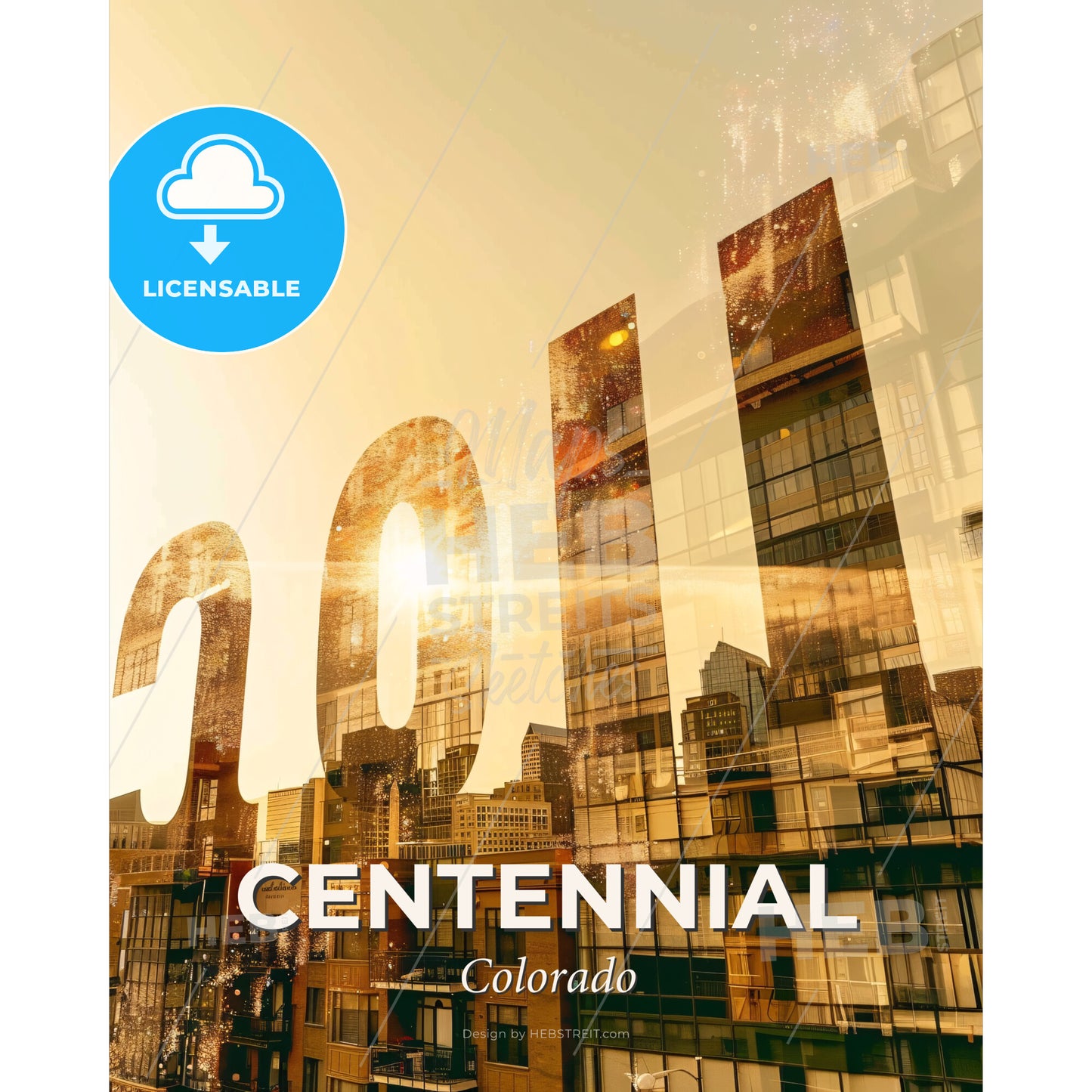 Centennial Cityscape Sparkles Double Exposure Art Poster - A city skyline with a large number - Square format print template