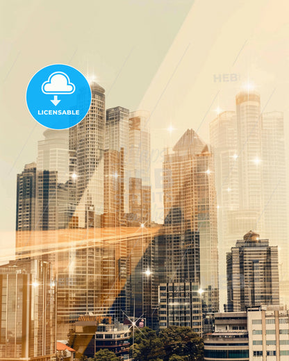 Jakarta Double Exposure Composite Art Skyline - A city skyline with many tall buildings