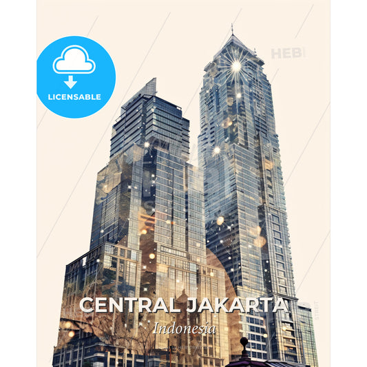 Central Jakarta Skyline Composite Double Exposure Art - A double exposure of a skyscraper - Square format print template