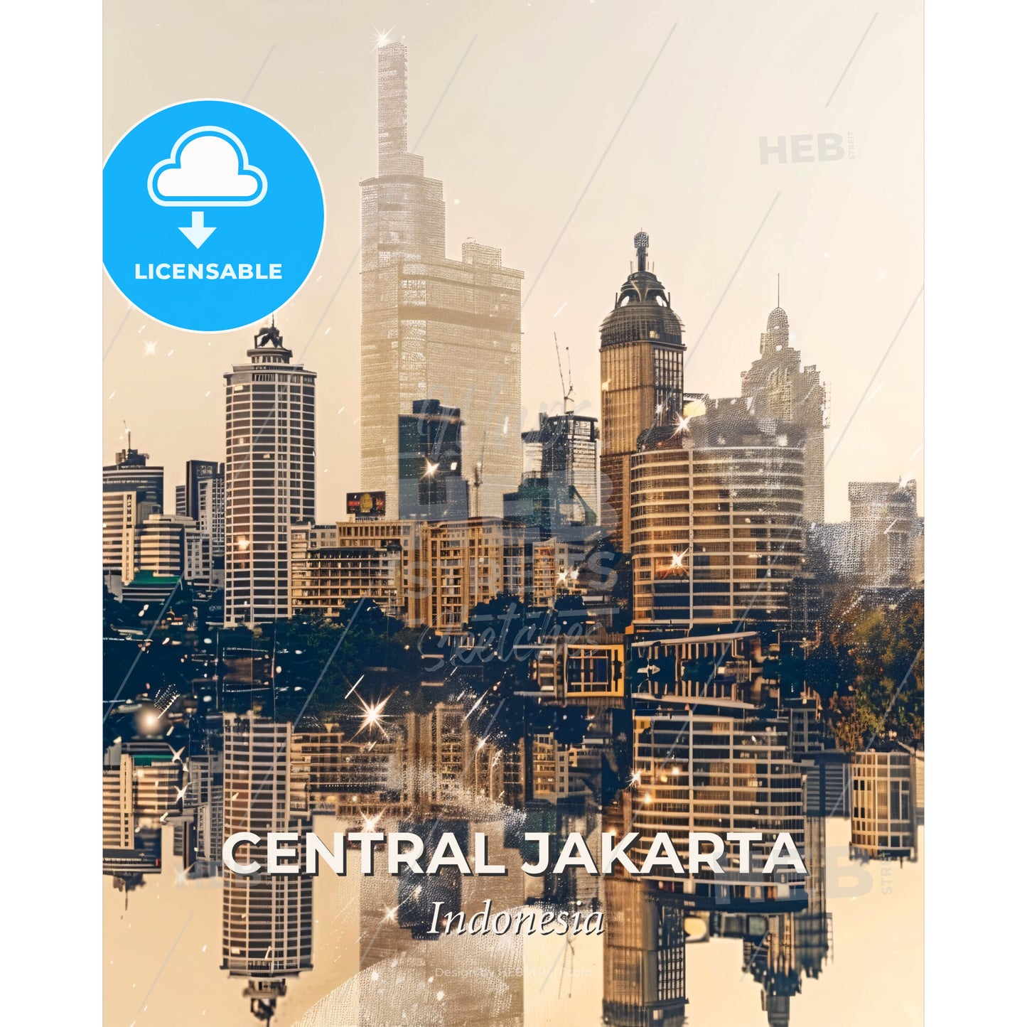 Central Jakarta Skyline: Double Exposure Composite - A city skyline with many tall buildings - Square format print template