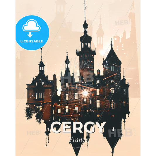 Cergy Skyline Composite: Day and Night Silhouette - A castle with a reflection of the sun - Square format print template