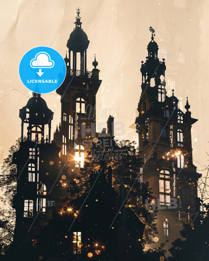 Cergy Skyline Composite Art: Silhouette of Local Icons - A building with towers and trees