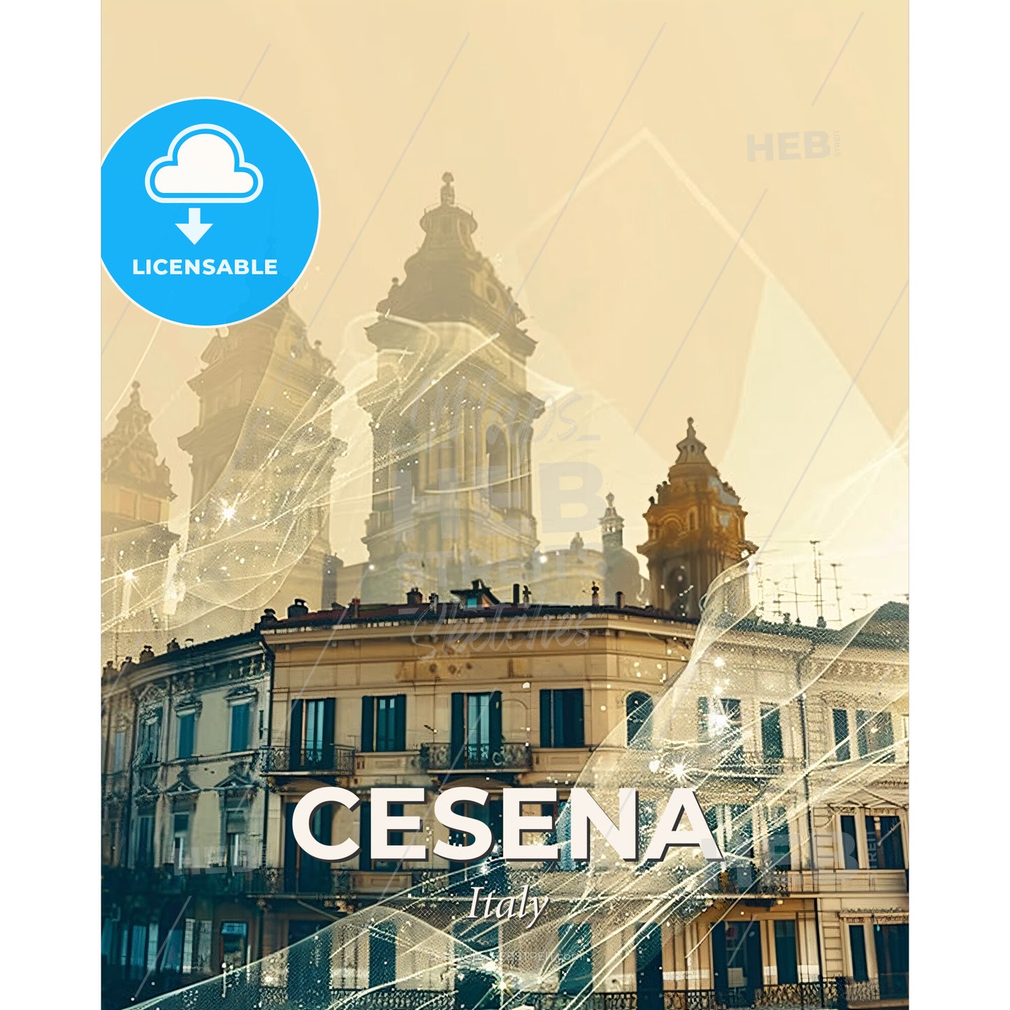 Cesena Skyline Cityscape Sparkles Fine Art Print - A building with towers and a couple of windows - Square format print template