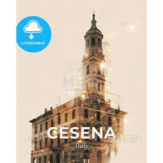 Cesena's Dreamy Cityscape Sparkle Poster - A building with a tower - Square format print template