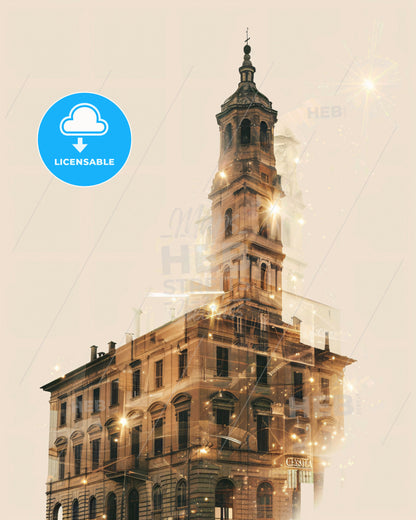 Cesena's Dreamy Cityscape Sparkle Poster - A building with a tower