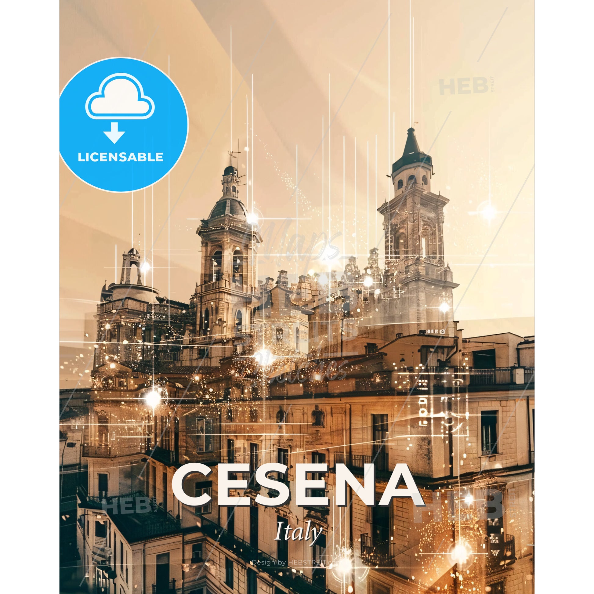 Cesena Cityscape Double Exposure Art Print - A building with towers and lights - Square format print template