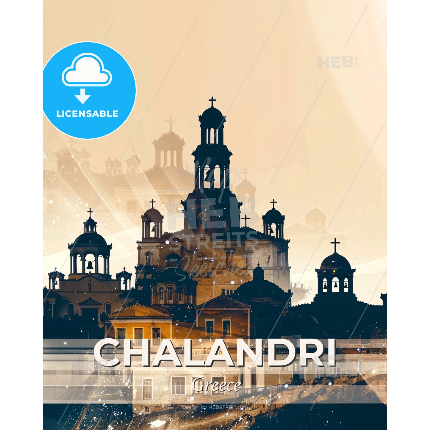 Chalandri City Silhouette Illuminated - A building with a cross on top - Square format print template