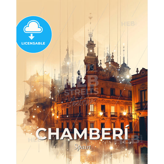 Chamberí Spain Skyline City Lights Poster - A building with many windows and a tower - Square format print template