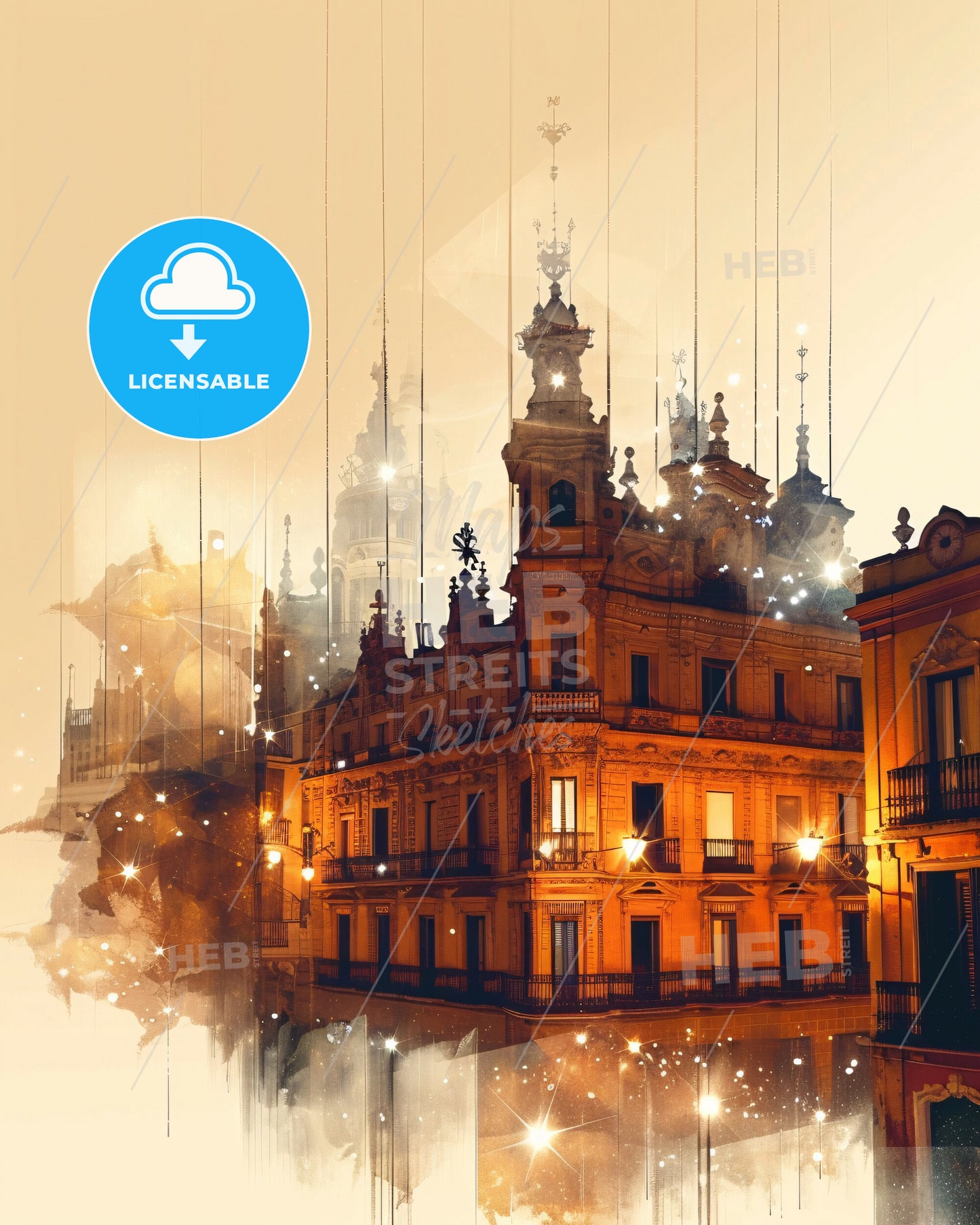 Chamberí Spain Skyline City Lights Poster - A building with many windows and a tower