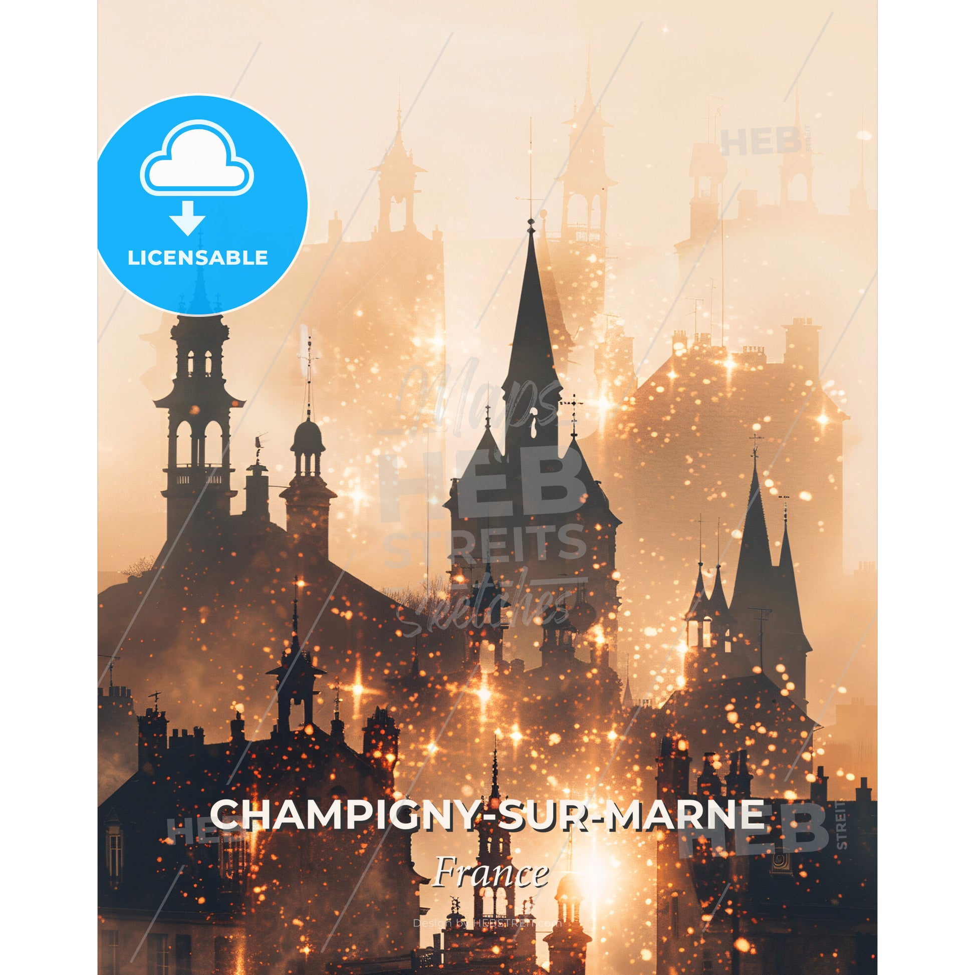 Champigny-sur-Marne Skyline Composite Art Poster - A silhouette of a city with many spires and a foggy sky - Square format print template