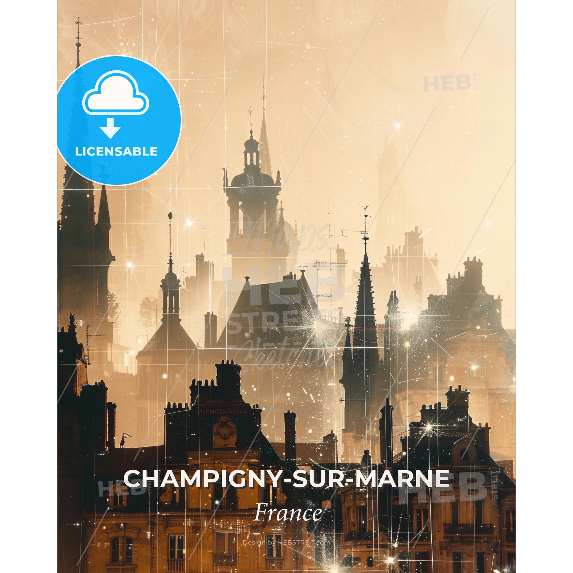 Champigny-sur-Marne Cityscape Double Exposure Sparkles Skyline - A city with many spires and a foggy sky - Square format print template