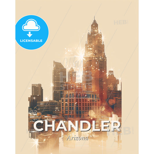 Chandler Art Deco Poster Skyline with Sparks - A city skyline with many tall buildings - Square format print template