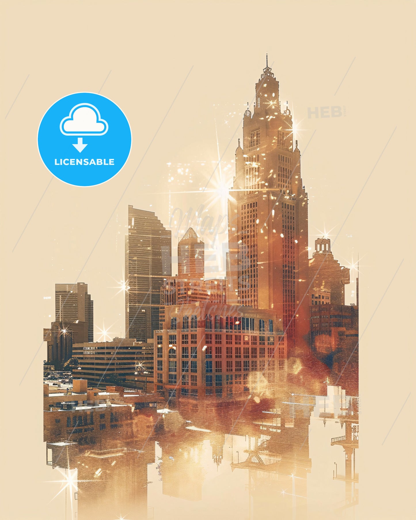 Chandler Art Deco Poster Skyline with Sparks - A city skyline with many tall buildings