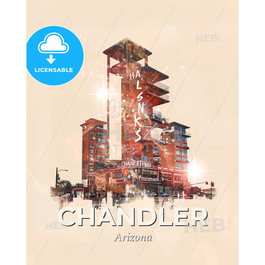 Chandler City Skyline Composite Art Poster - A building with a tall tower - Square format print template