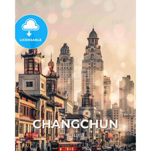 Changchun Double Exposure Art Skyline - A city with tall buildings - Square format print template