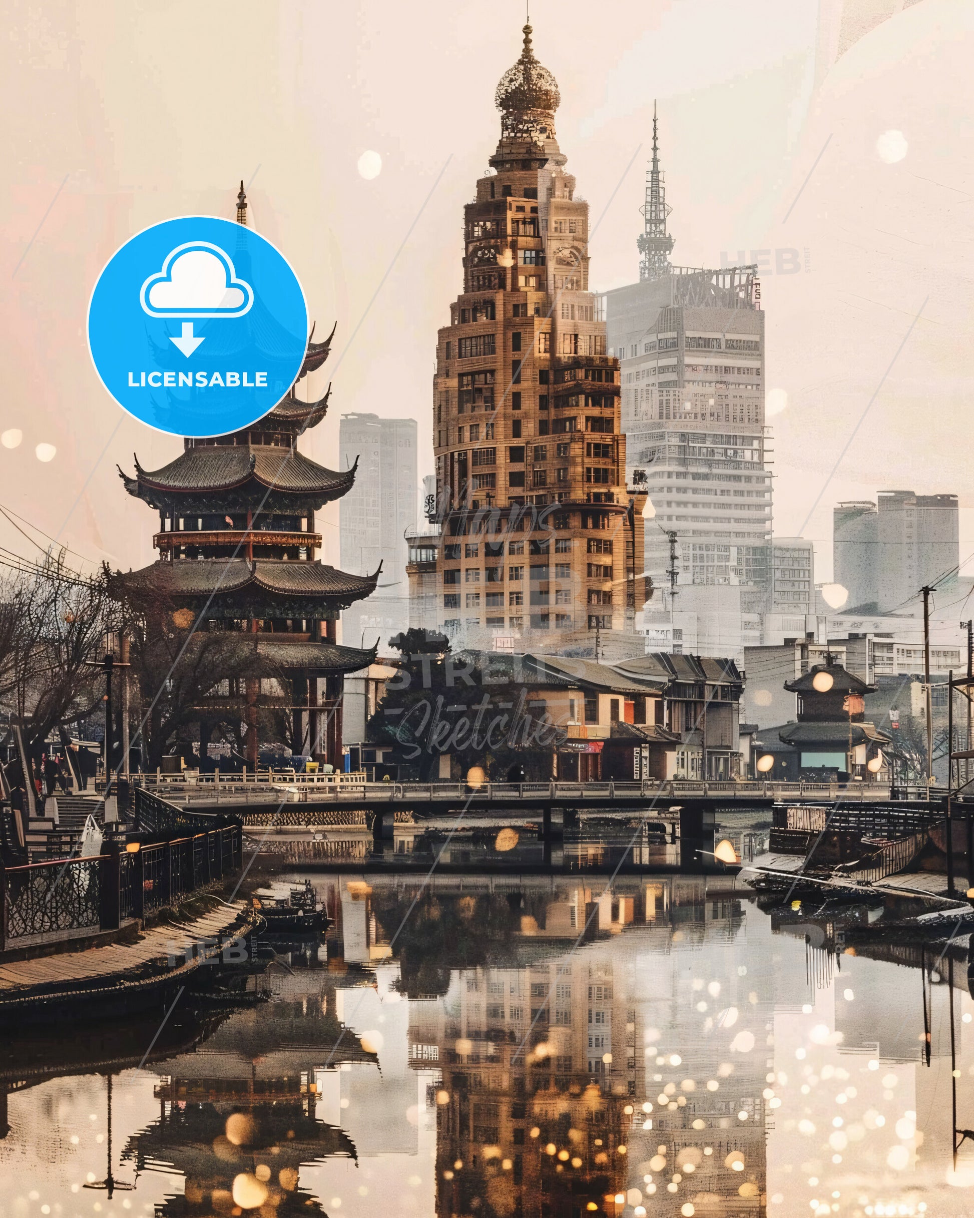 Changchun Skyline Architecture Composite Poster - A water body with buildings and a bridge