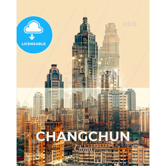 Changchun Cityscape Poster, Double Exposure Skyline - A city skyline with many tall buildings - Square format print template