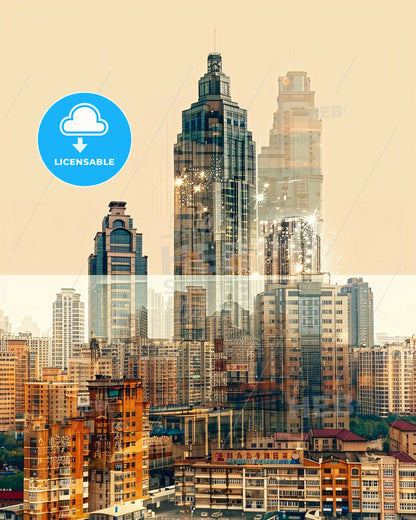 Changchun Cityscape Poster, Double Exposure Skyline - A city skyline with many tall buildings