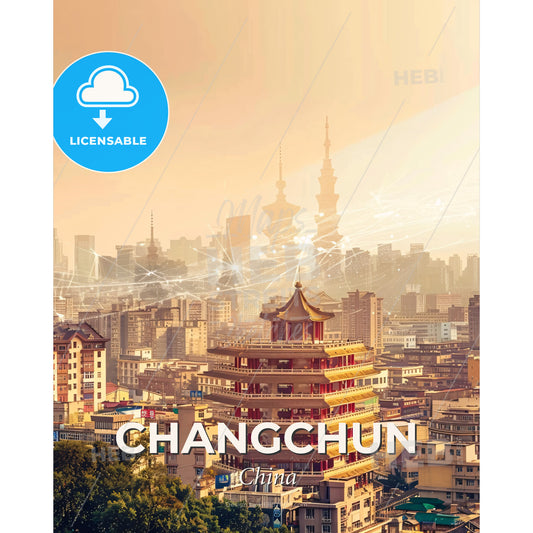 Changchun Skyline Double Exposure Poster Art - A city with many towers and lines of light - Square format print template