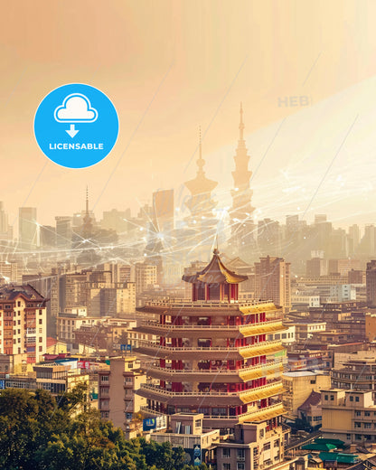 Changchun Skyline Double Exposure Poster Art - A city with many towers and lines of light