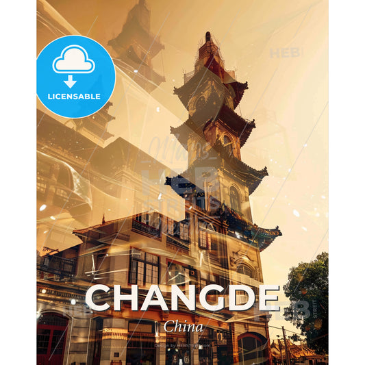 Changde Skyline Double Exposure Art Poster - A building with a tower - Square format print template