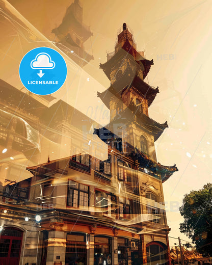 Changde Skyline Double Exposure Art Poster - A building with a tower