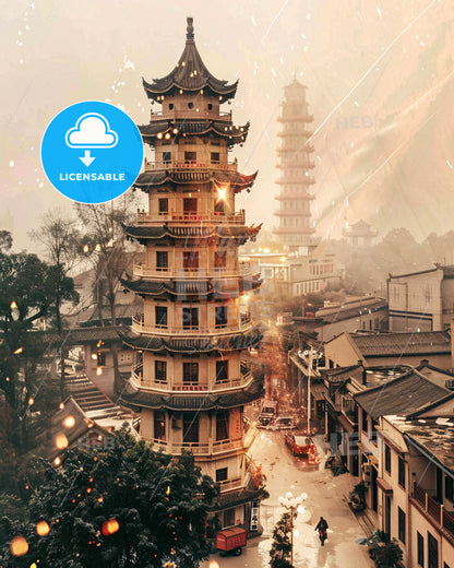 Changde Cityscape Double Exposure Art Decor - A tall building with a tower in the middle