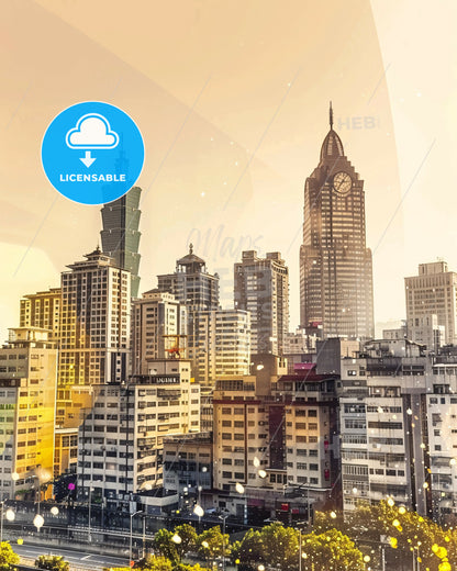 Changhua Skyline Double Exposure Art - A city skyline with many tall buildings