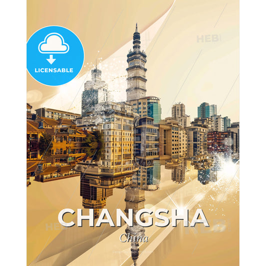 Changsha Cityscape Skyline Local Landmark Poster - A city with many buildings and a tower reflected in water - Square format print template