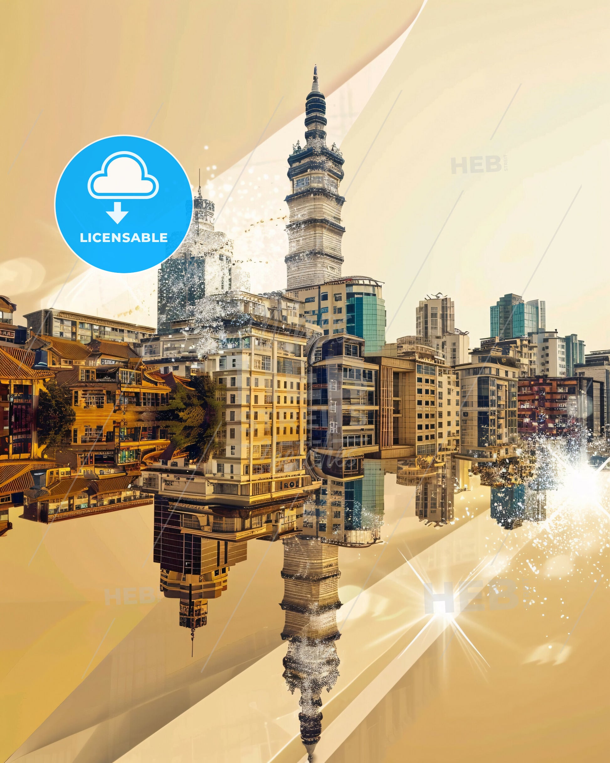 Changsha Cityscape Skyline Local Landmark Poster - A city with many buildings and a tower reflected in water