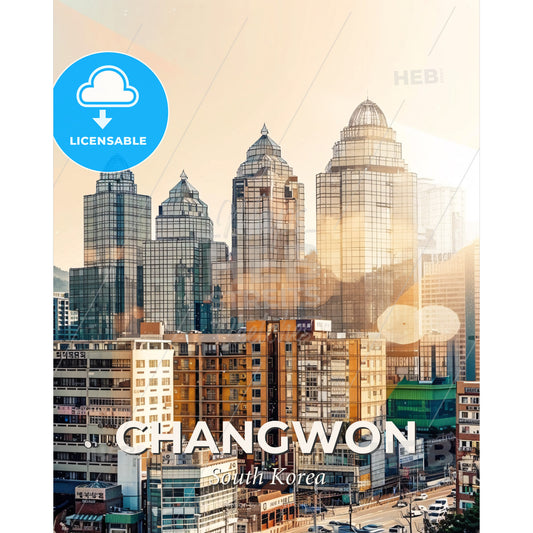 Changwon Skyline Double Exposure Composite Art Poster - A city with many tall buildings - Square format print template