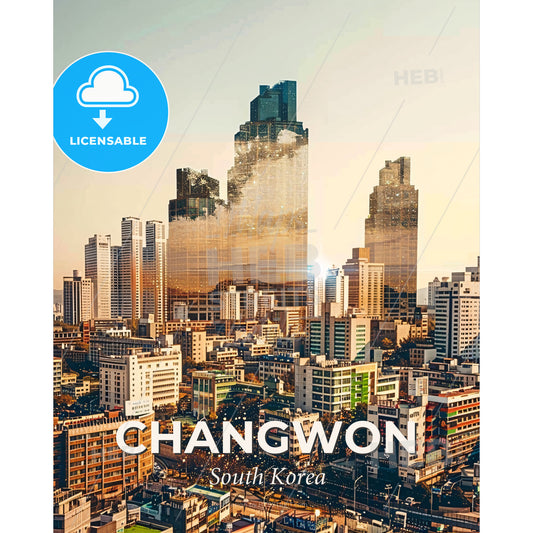 Changwon Double Exposure Skyline Composite Poster Art - A city with many tall buildings - Square format print template