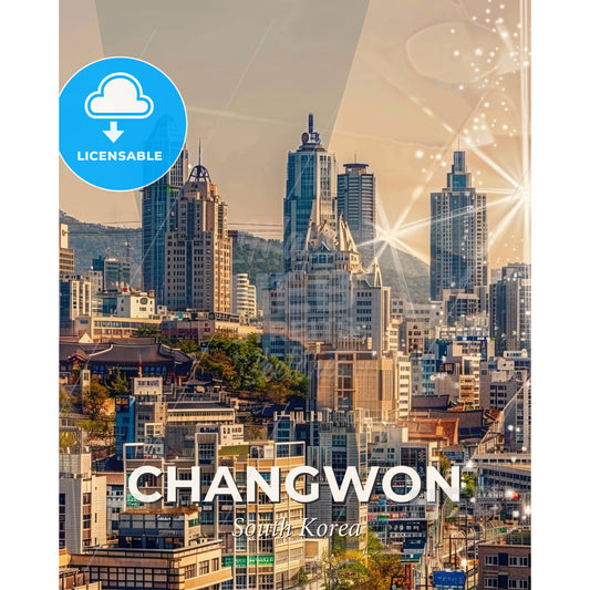 Changwon Skyline Poster: Double Exposure Cityscape Art - A city with many tall buildings - Square format print template