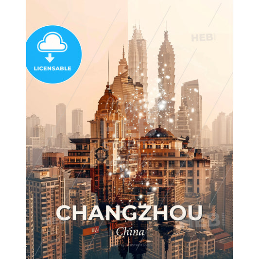 Changzhou Skyline Cityscape Double Exposure Poster - A city with many tall buildings - Square format print template