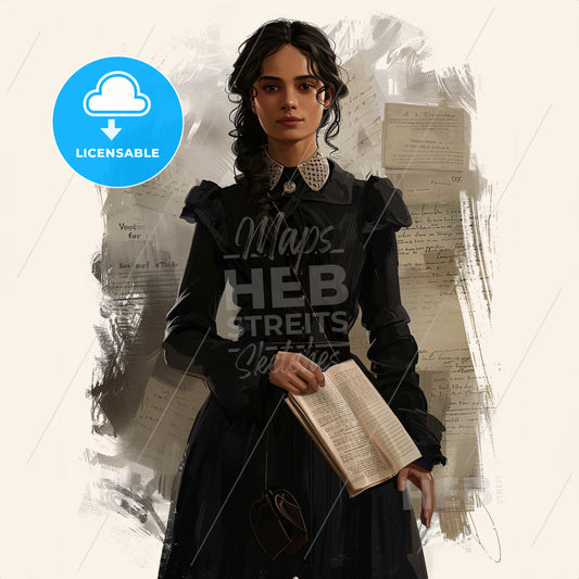 A Woman In A Black Dress Holding A Book