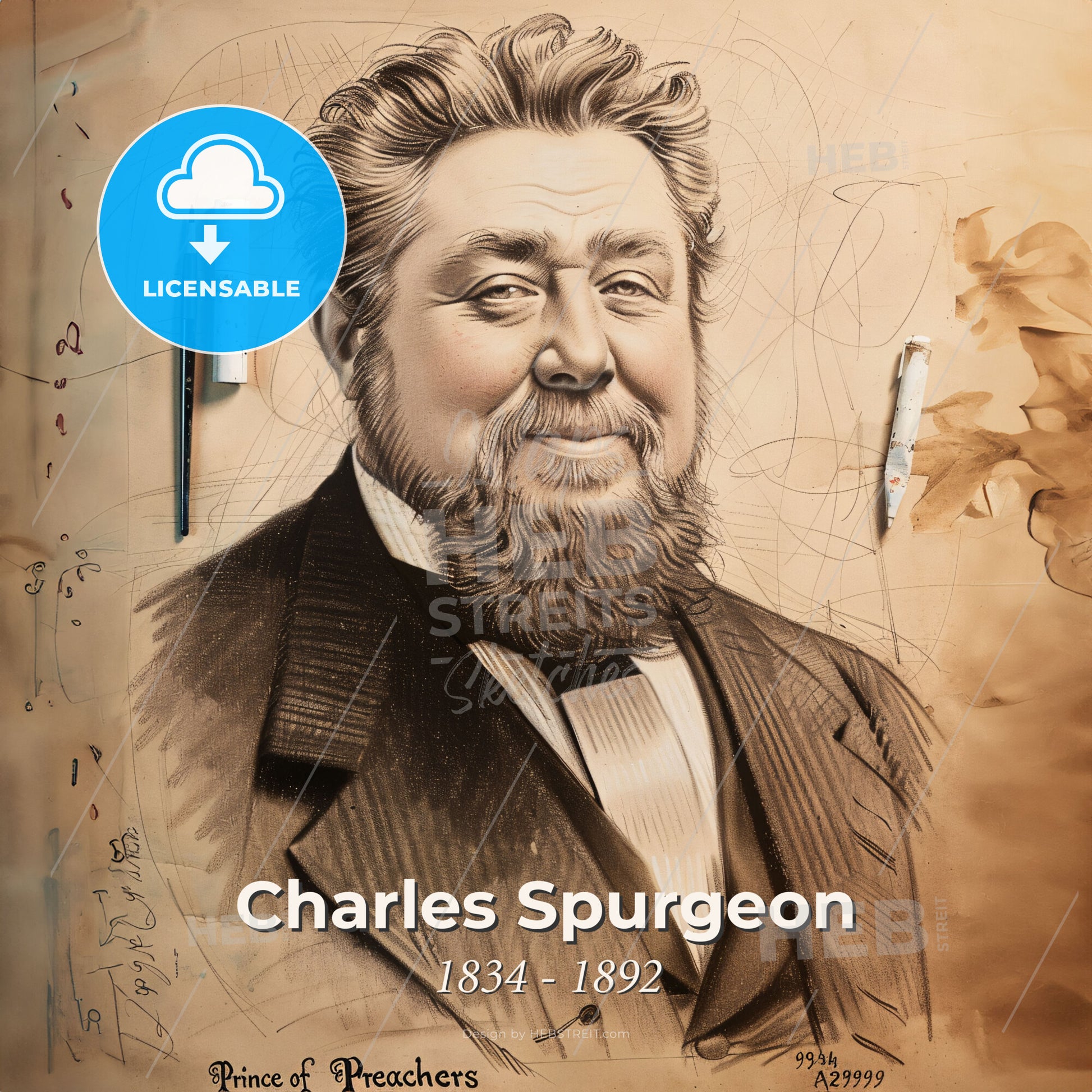 Charles Spurgeon, 1834 - 1892, British preacher and author - A Drawing Of A Man With A Beard And A Pencil Print Template