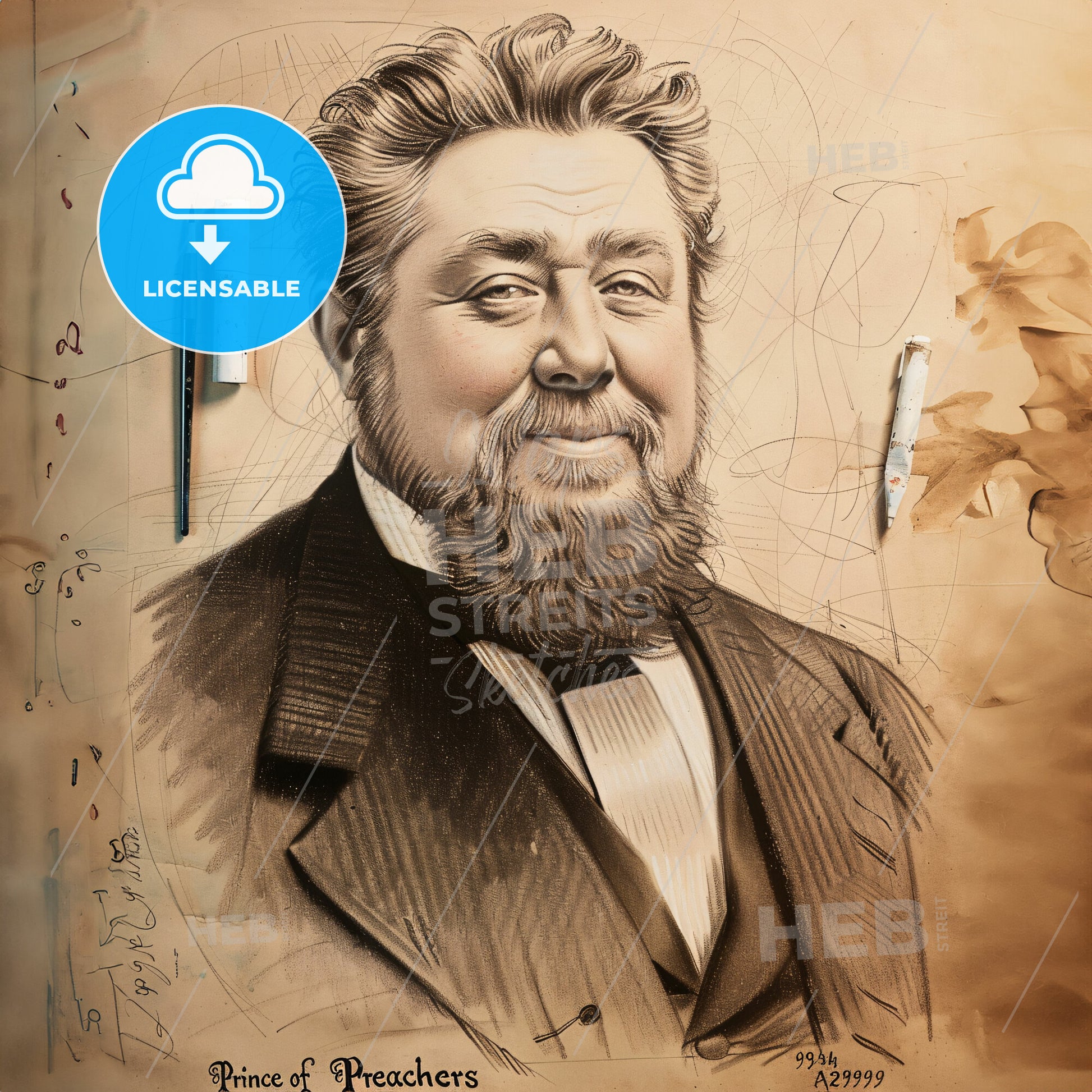 Charles Spurgeon, 1834 - 1892, British preacher and author - A Drawing Of A Man With A Beard And A Pencil