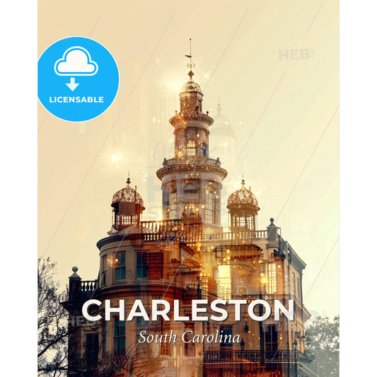 Charleston Skyline Double Exposure Magic - A building with a tower and a light on top - Square format print template