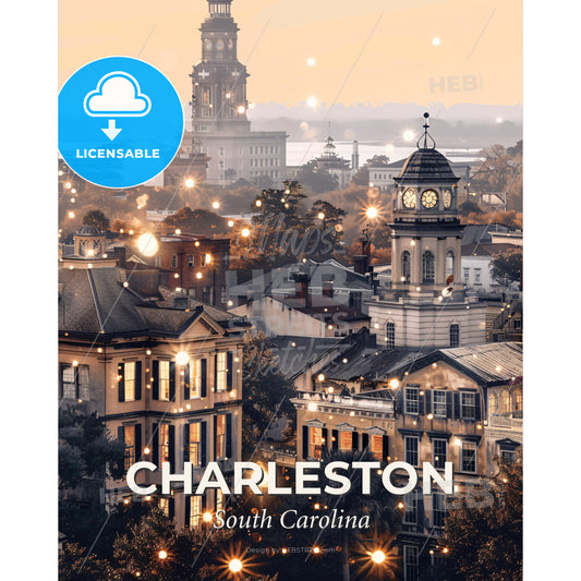 Charleston City Skyline Architectural Wonder Composite - A city with a clock tower and trees - Square format print template