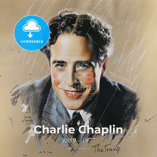 Charlie Chaplin, 1889 - 1977, British comic actor - A Man Smiling With A Hand Drawn Sketch Print Template