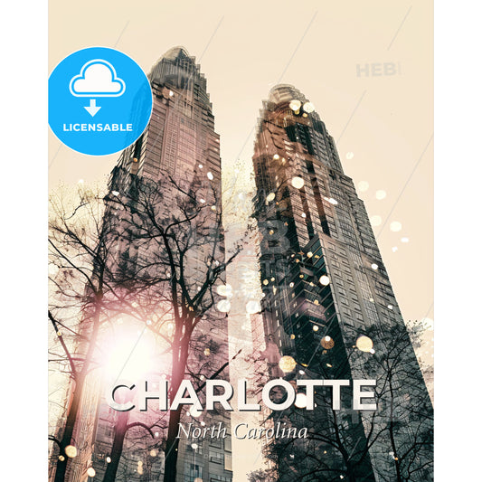 Charlotte Skyline City Composite Artwork Poster - A double exposure of two tall buildings - Square format print template