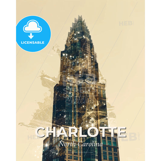 Charlotte: Skyline Icon Collage, Bright Beige - A tall building with a clock tower - Square format print template